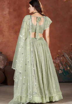Embroidered Net Lehenga in Light Green