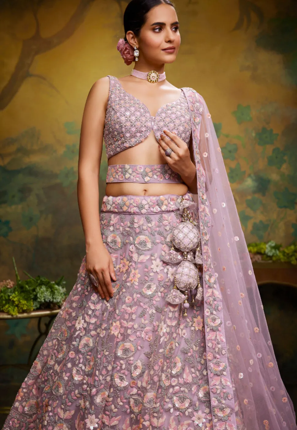 Embroidered Net Lehenga in Light Purple