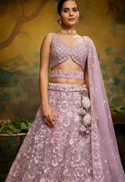 Embroidered Net Lehenga in Light Purple