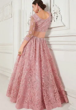 Embroidered Net Lehenga in Pink