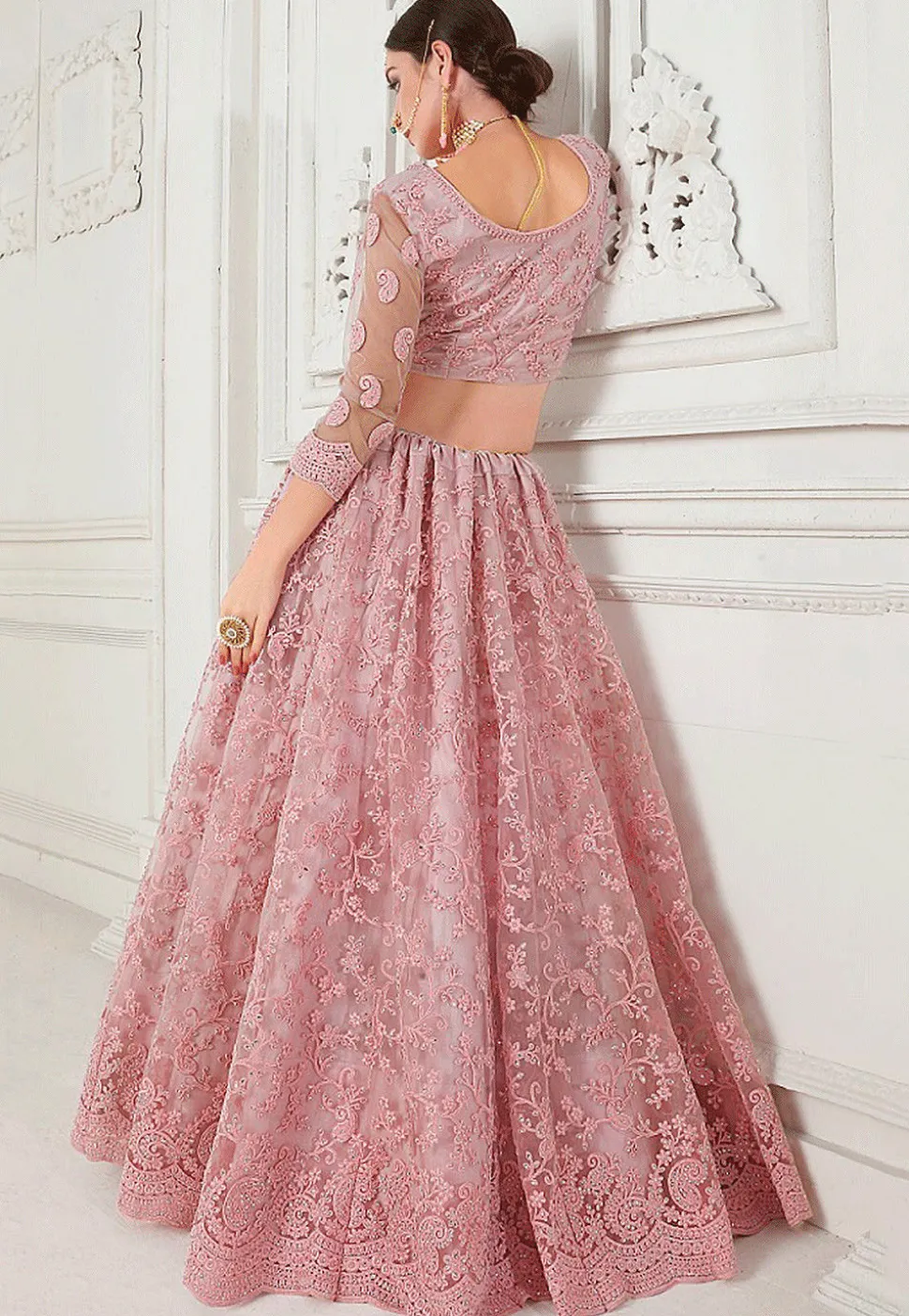 Embroidered Net Lehenga in Pink
