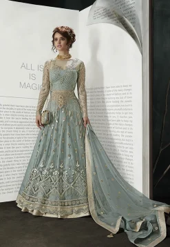 Embroidered Net Lehenga in Dusty Blue