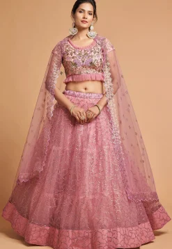 Embroidered Net Lehenga in Pink