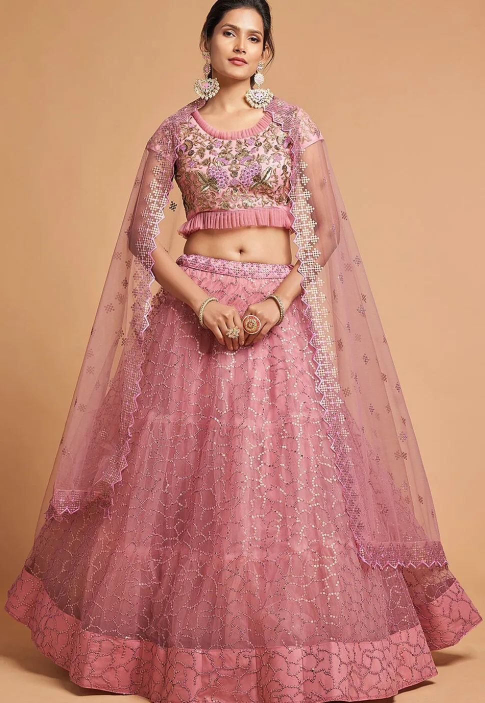 Embroidered Net Lehenga in Pink