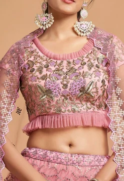 Embroidered Net Lehenga in Pink