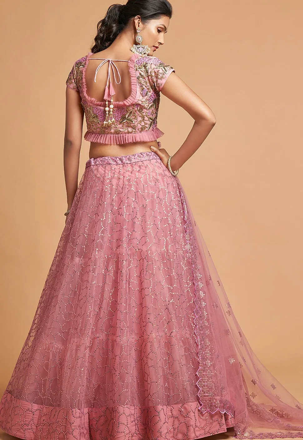 Embroidered Net Lehenga in Pink