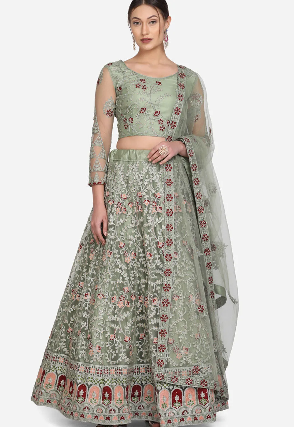 Embroidered Net Lehenga in Light Olive Green