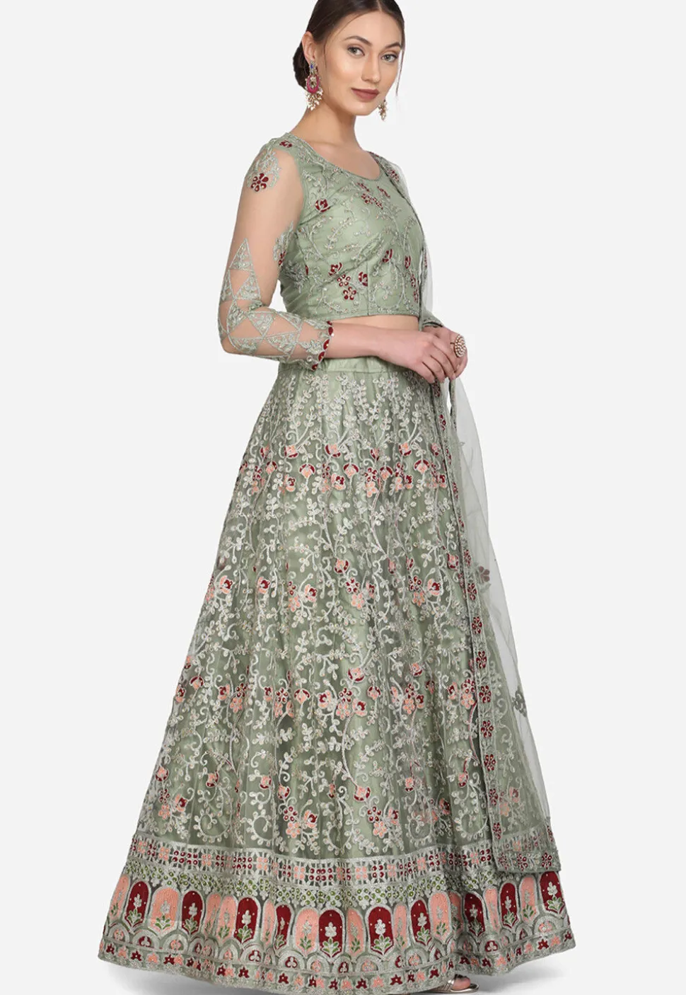 Embroidered Net Lehenga in Light Olive Green