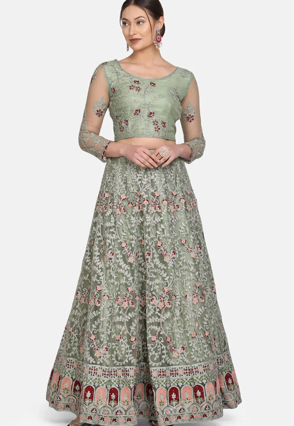 Embroidered Net Lehenga in Light Olive Green