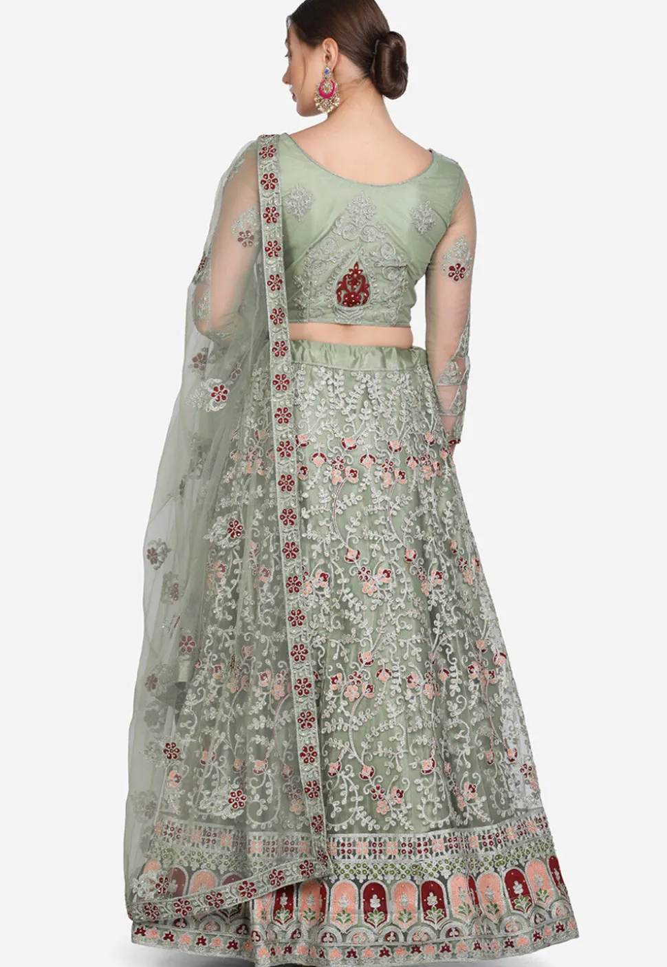 Embroidered Net Lehenga in Light Olive Green