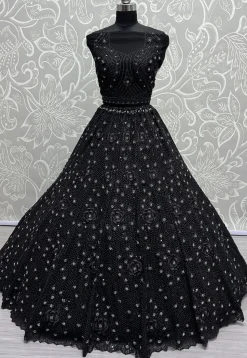 Embroidered Net Lehenga in Black