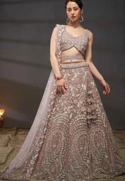 Embroidered Net Lehenga in Old Rose