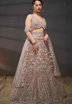 Embroidered Net Lehenga in Old Rose
