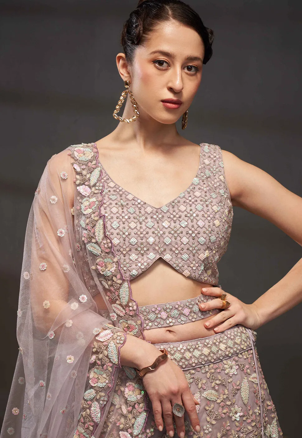 Embroidered Net Lehenga in Old Rose