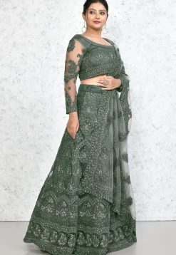 Embroidered Net Lehenga in Dark Green