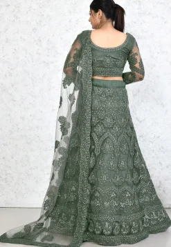 Embroidered Net Lehenga in Dark Green