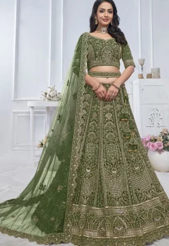 Embroidered Net Lehenga in Olive Green