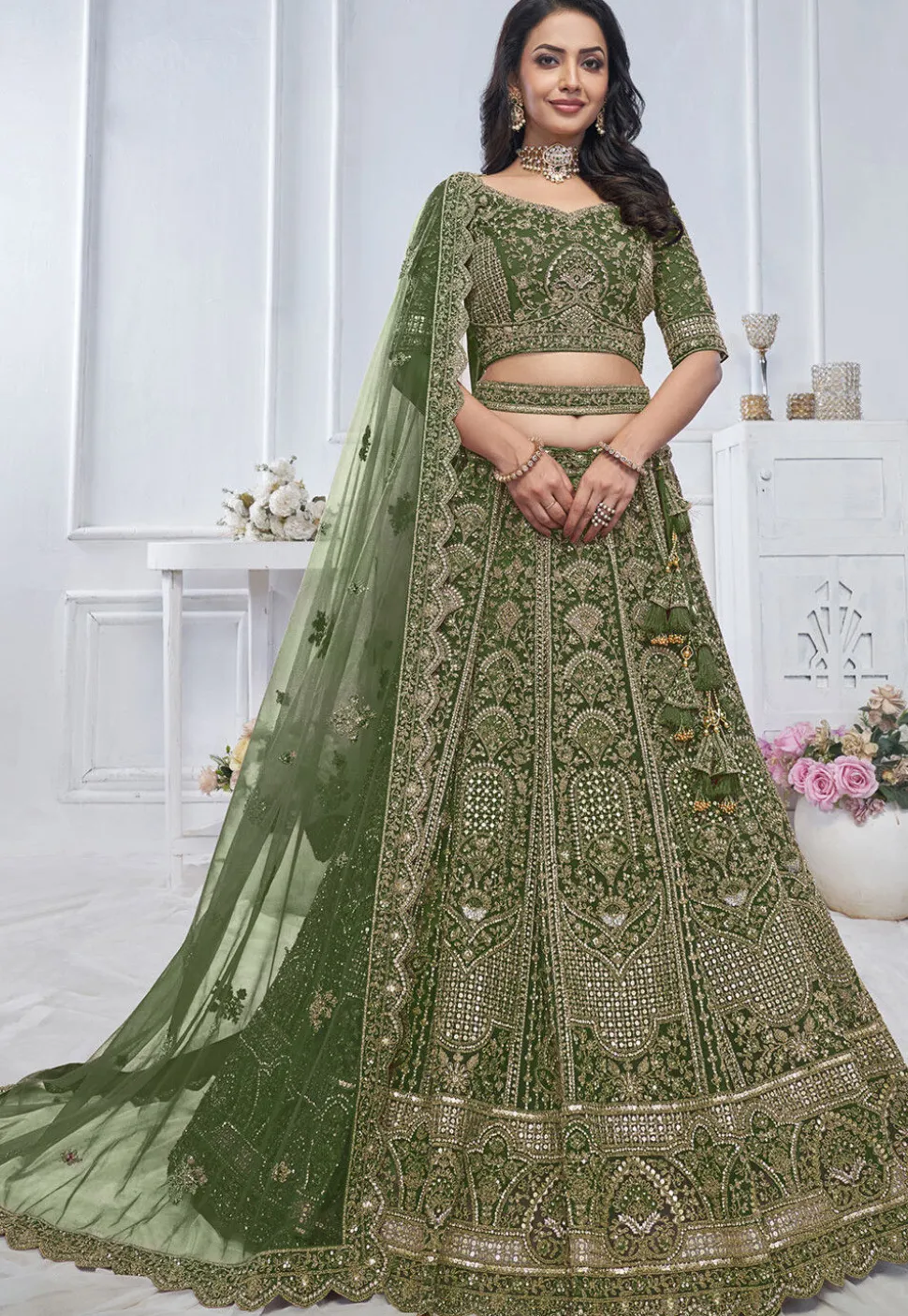 Embroidered Net Lehenga in Olive Green