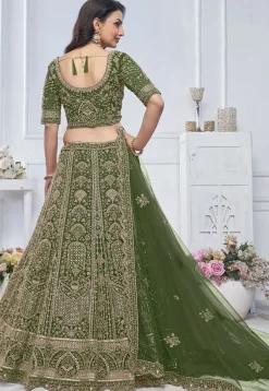 Embroidered Net Lehenga in Olive Green