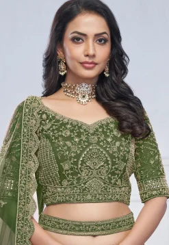 Embroidered Net Lehenga in Olive Green