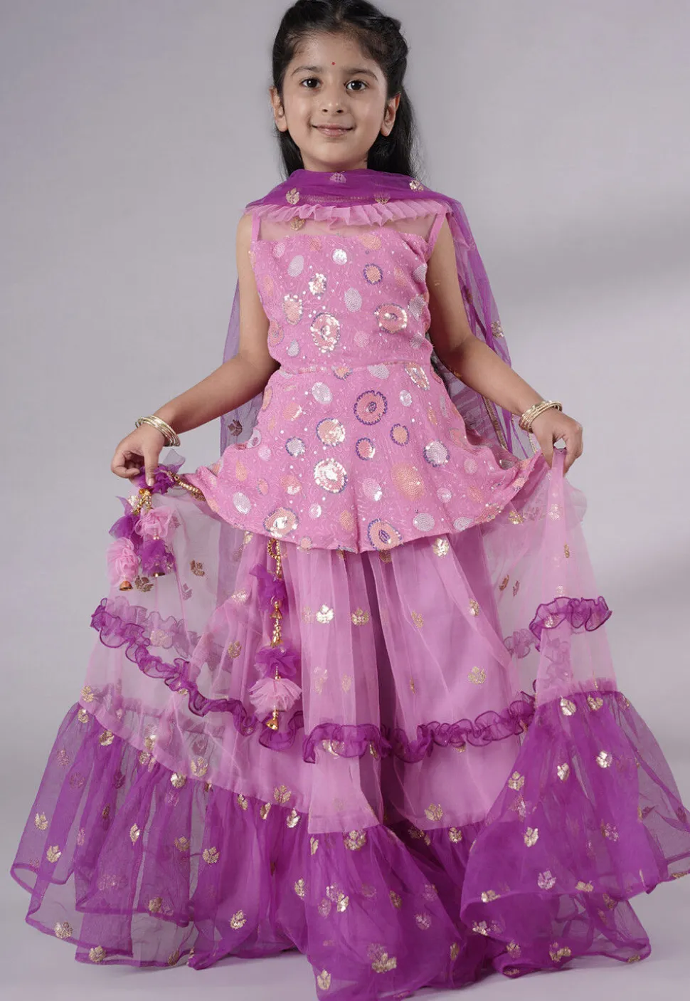Embroidered Net Lehenga in Pink and Purple