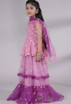 Embroidered Net Lehenga in Pink and Purple