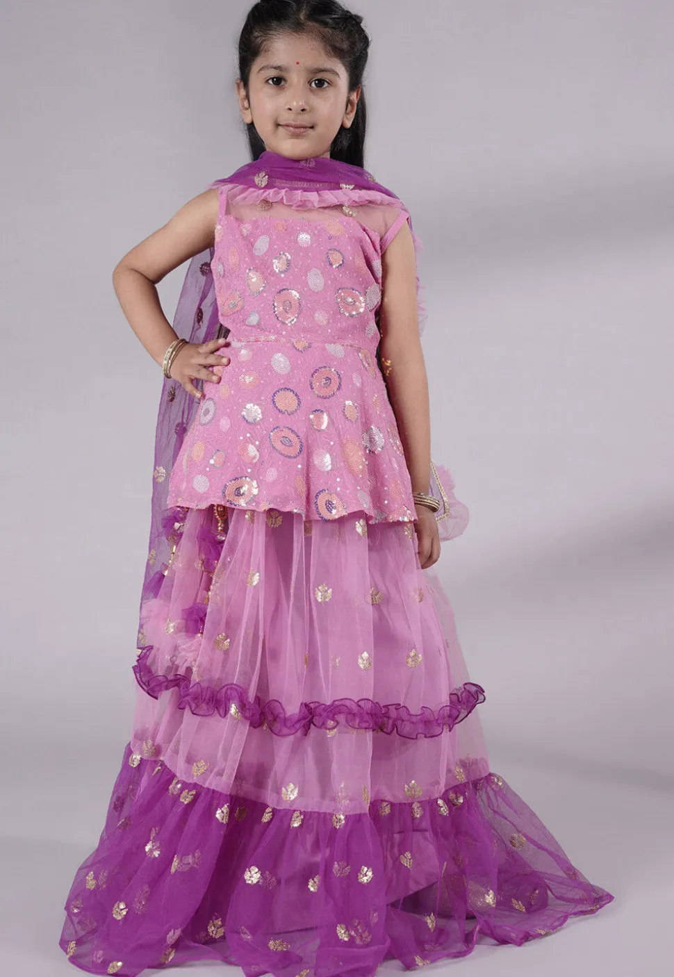 Embroidered Net Lehenga in Pink and Purple
