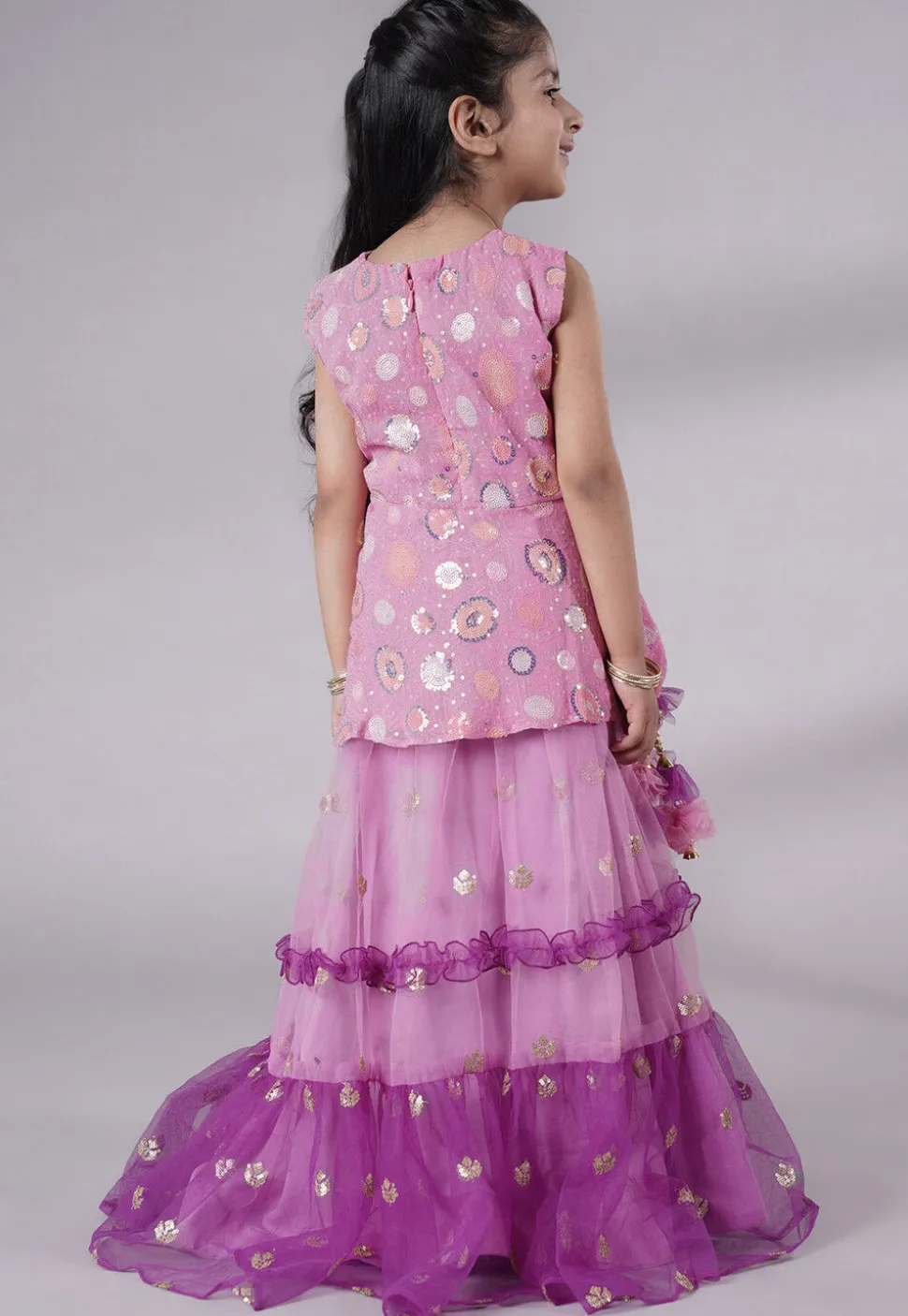 Embroidered Net Lehenga in Pink and Purple