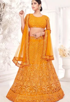 Embroidered Net Lehenga in Mustard