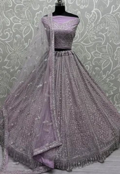 Embroidered Net Lehenga in Purple