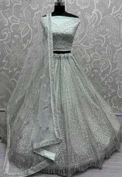 Embroidered Net Lehenga in Sea Green