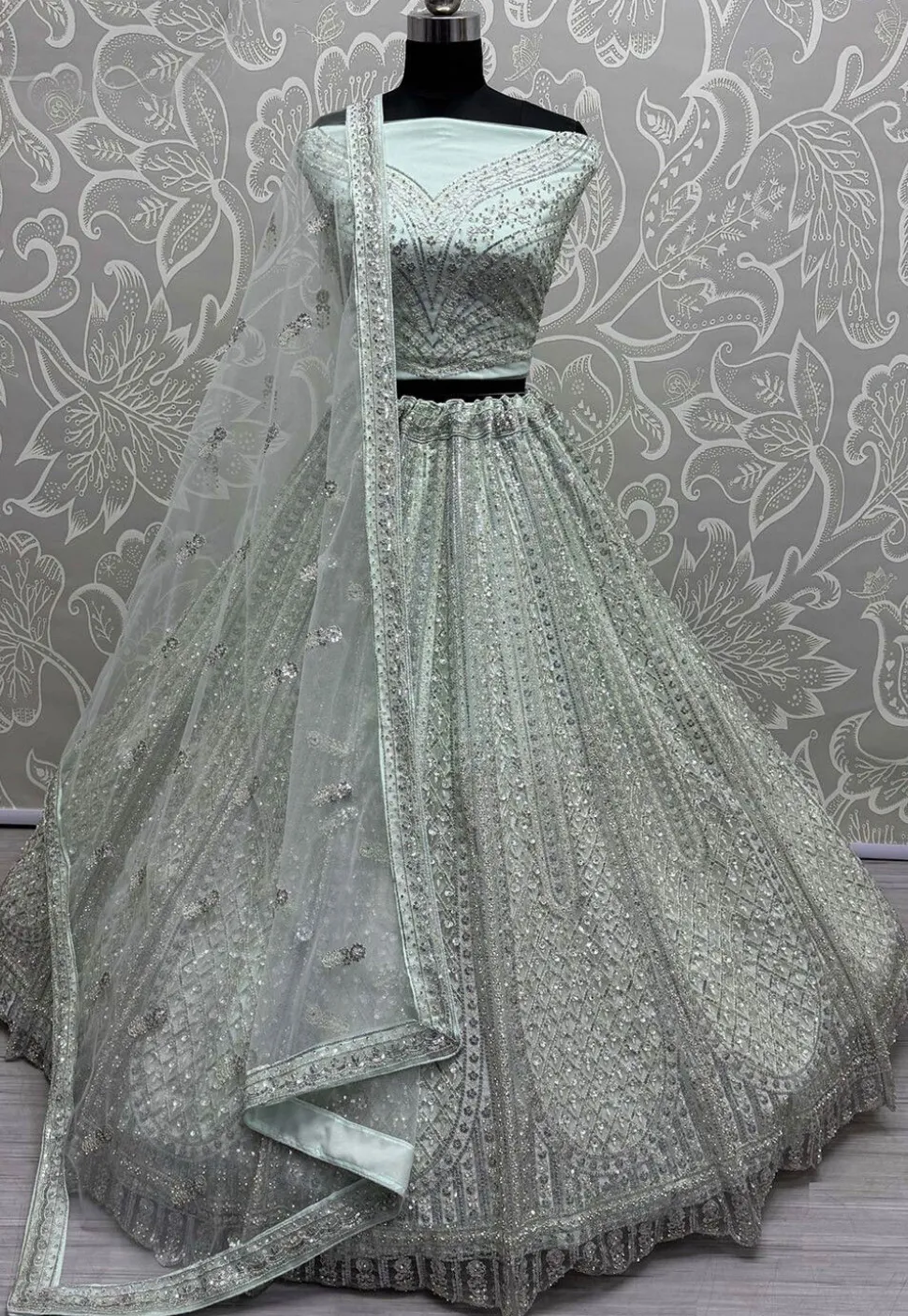 Embroidered Net Lehenga in Sea Green