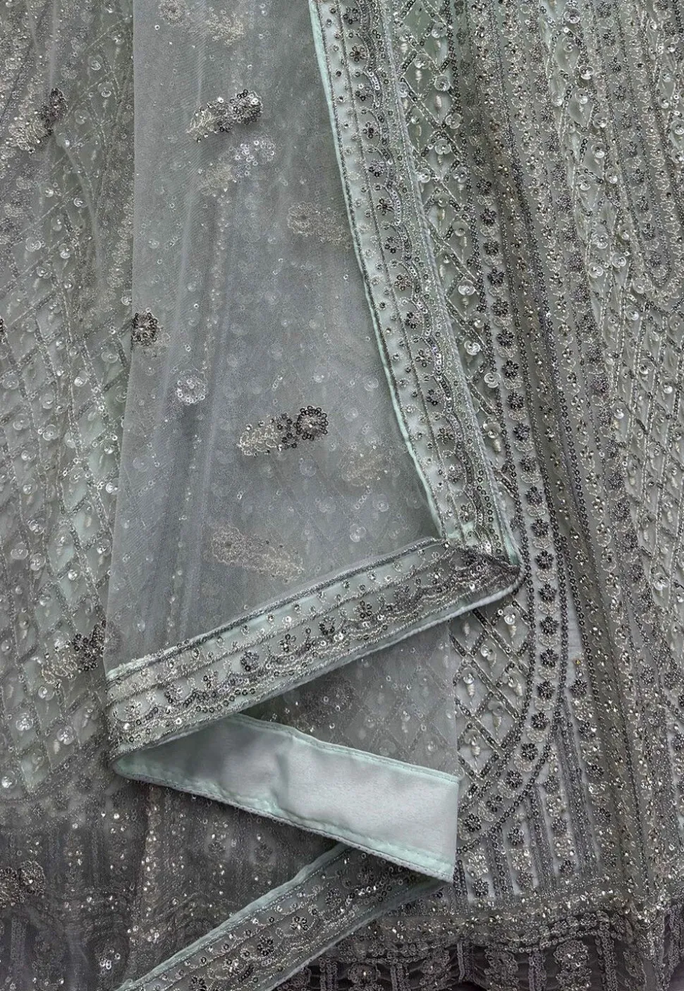 Embroidered Net Lehenga in Sea Green