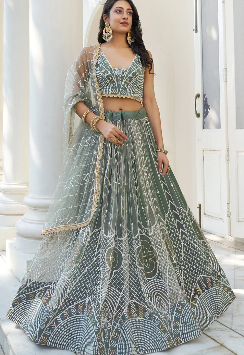 Embroidered Net Lehenga in Dusty Green