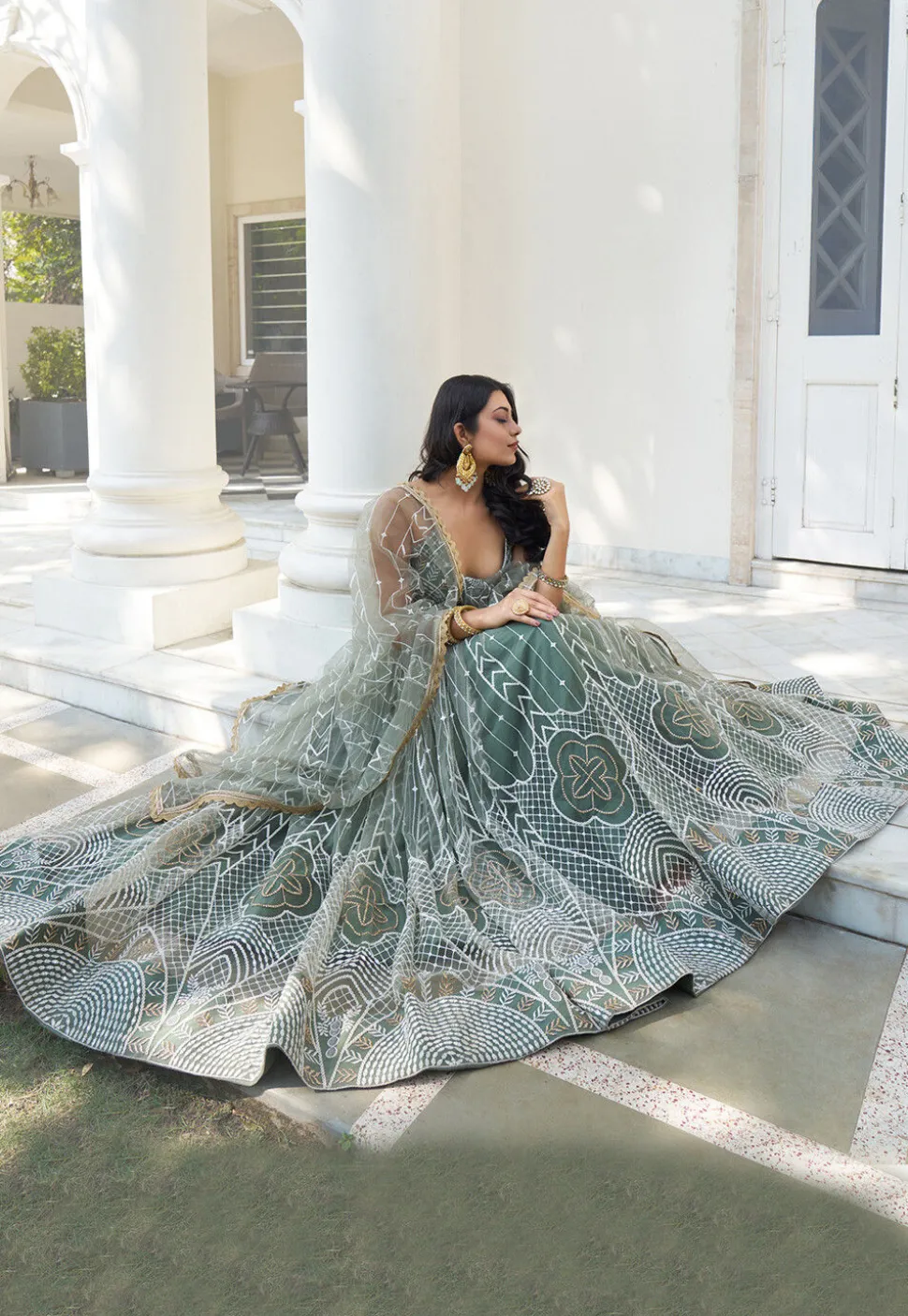 Embroidered Net Lehenga in Dusty Green