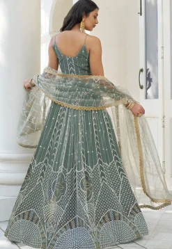 Embroidered Net Lehenga in Dusty Green