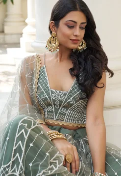 Embroidered Net Lehenga in Dusty Green