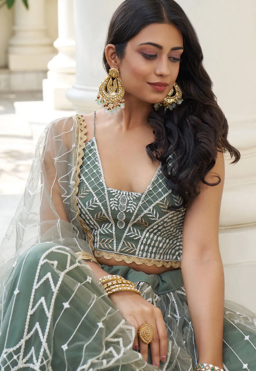 Embroidered Net Lehenga in Dusty Green