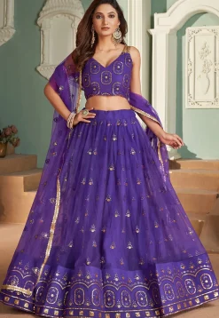 Embroidered Net Lehenga in Purple