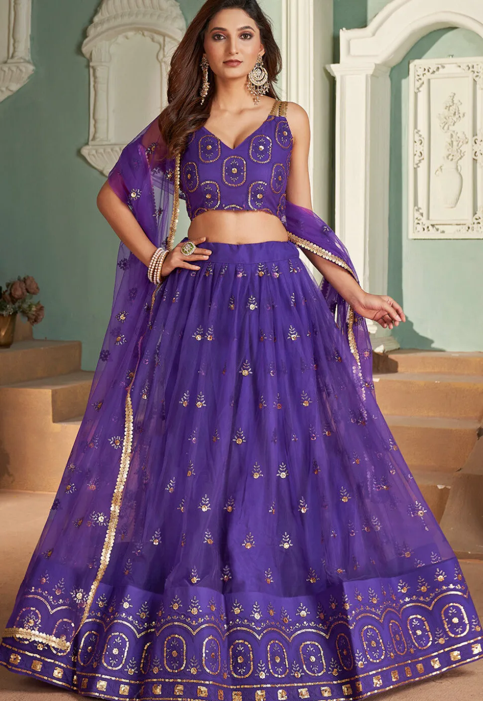 Embroidered Net Lehenga in Purple