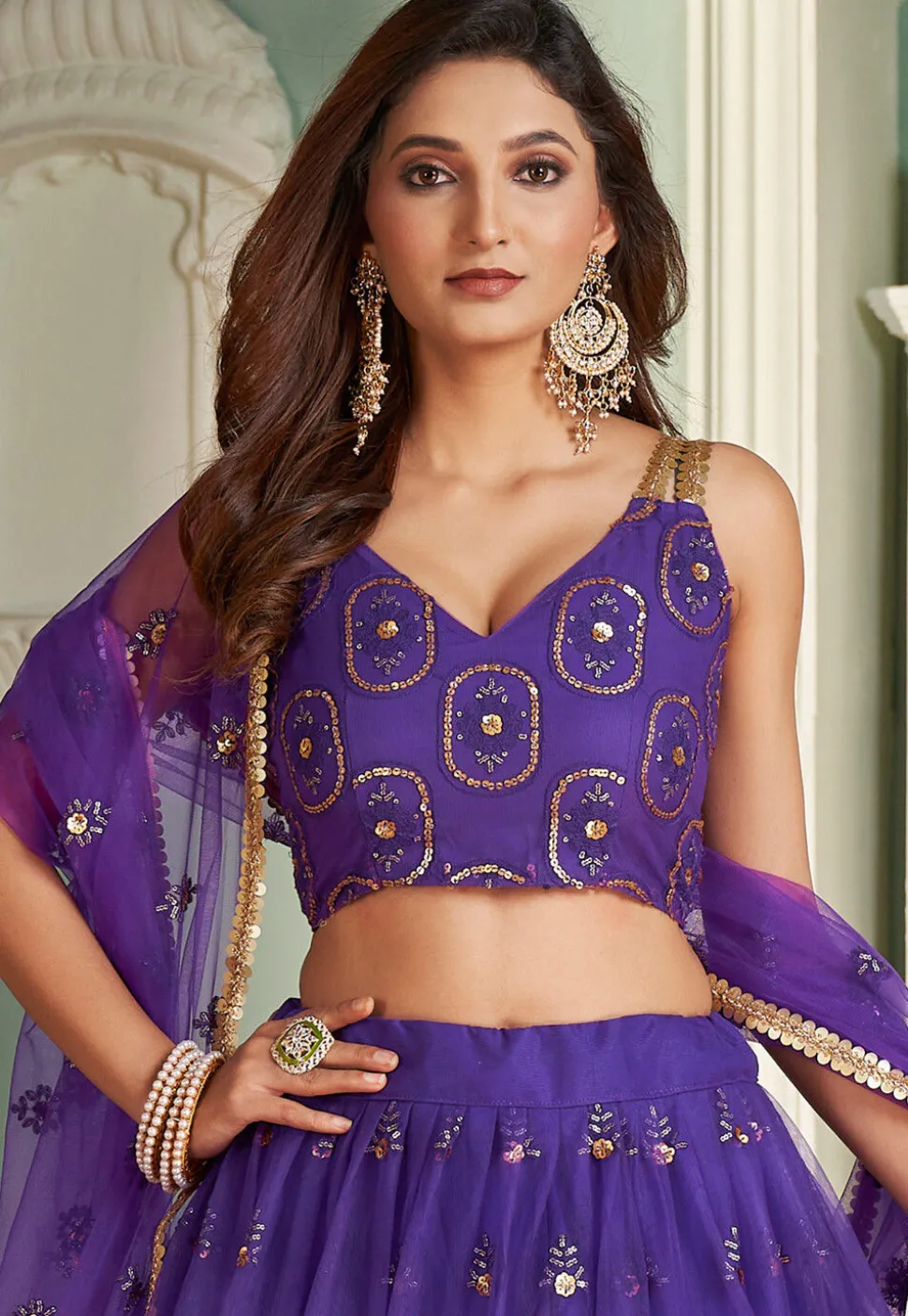 Embroidered Net Lehenga in Purple