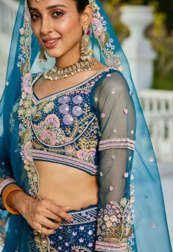 Embroidered Net Lehenga in Teal Blue