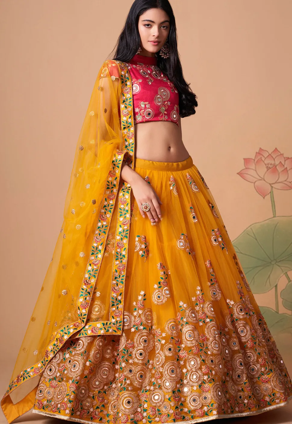 Embroidered Net Lehenga in Mustard