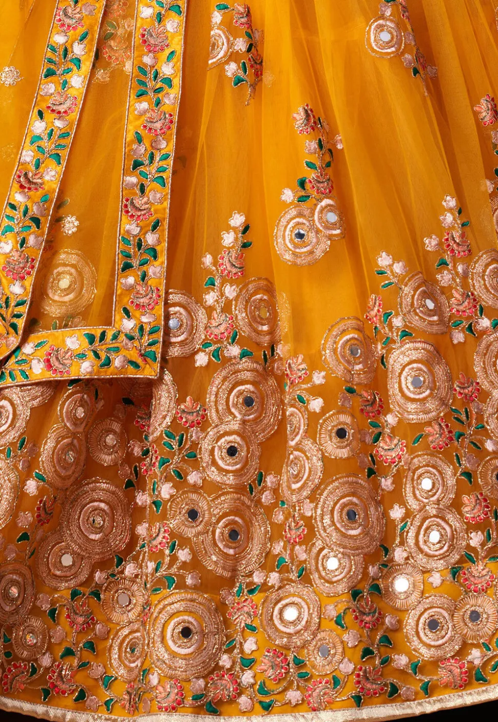Embroidered Net Lehenga in Mustard