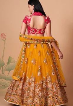 Embroidered Net Lehenga in Mustard