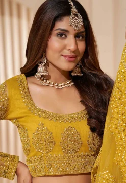 Embroidered Net Lehenga in Mustard