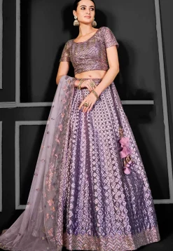 Embroidered Net Lehenga in Light Purple