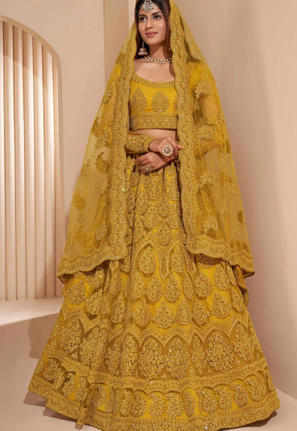 Embroidered Net Lehenga in Mustard
