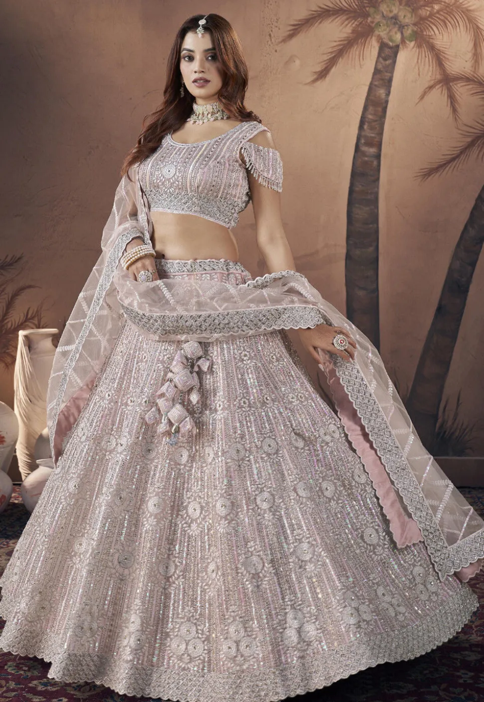 Embroidered Net Lehenga in Pink
