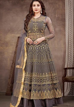 Embroidered Net Lehenga in Dark Grey